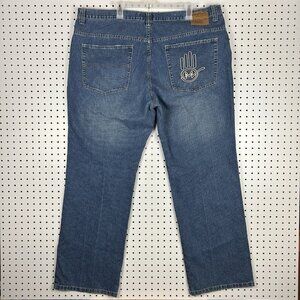 Miskeen Blue Y2K Baggy Jeans 42x34 Logo Stitched Streetwear Skate Wide Leg Denim